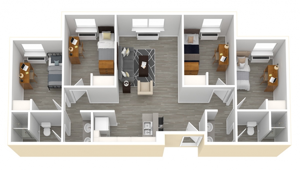 3D rendering of a student suite - top down view