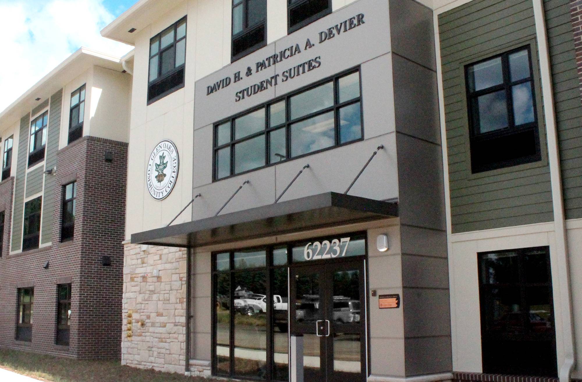 Exterior image of main entrance to student suites.