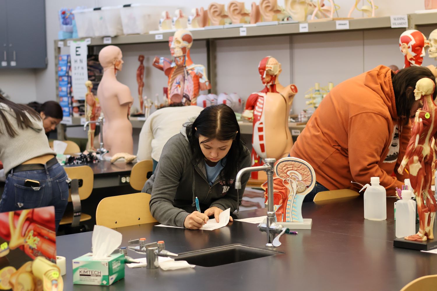 Students standing in a Human Anatomy Science room, leaning over a table and writing something down