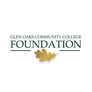 Glen Oaks Community College Foundation logo with horizontal writing and gold oak leaf